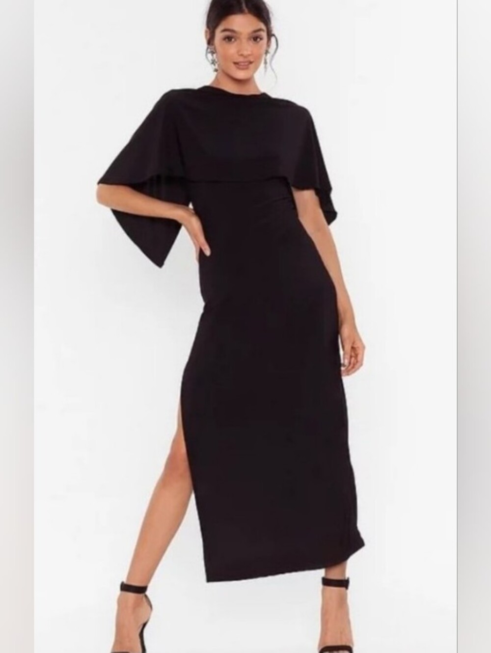 Like New! Chic Black Cape-Sleeve High Split Maxi Bodycon Dress - Womens